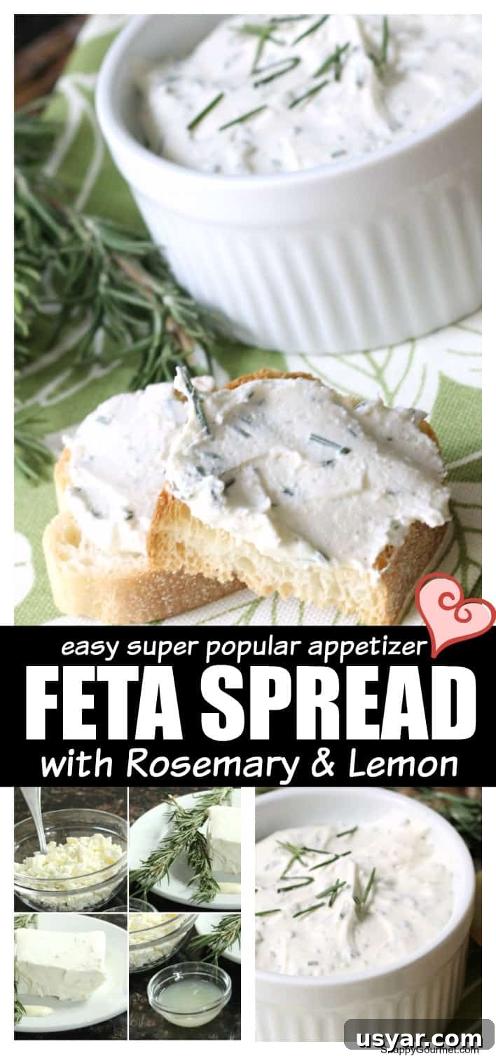 Feta spread recipe with fresh rosemary and lemon, an easy appetizer and snack feta spread collage