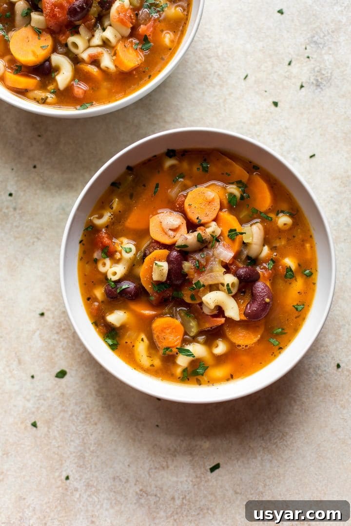 Instant Pot Pasta e Fagioli Recipe: Hearty Italian Soup 3 Instant Pot pasta e fagioli soup with vegetables, pancetta, beans, pasta, and a tomato broth in two white bowls