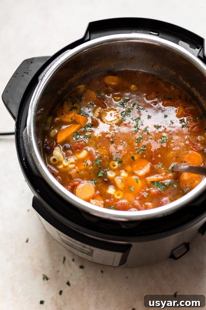 Instant Pot Pasta e Fagioli Recipe: Hearty Italian Soup 4 an electric pressure cooker with Instant Pot pasta e fagioli soup and a ladle