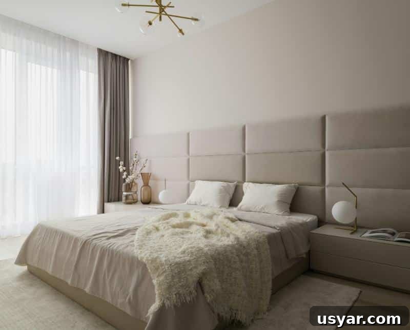 luxurious bedroom with large headboard and chandelier