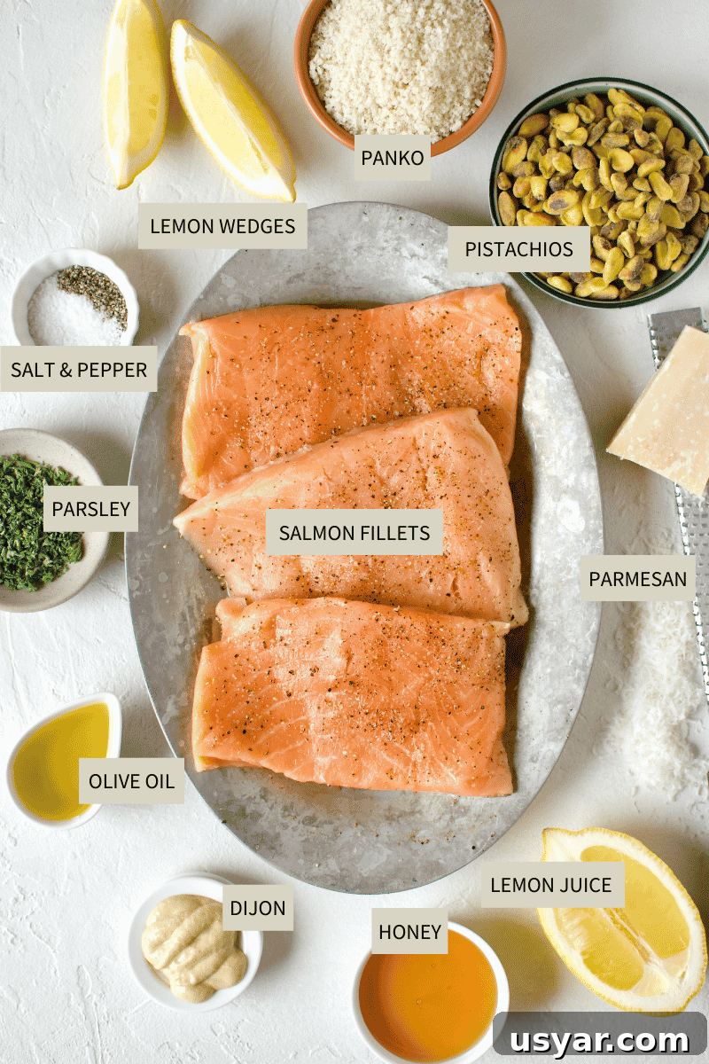 Ingredients needed to make Pistachio Crusted Salmon.