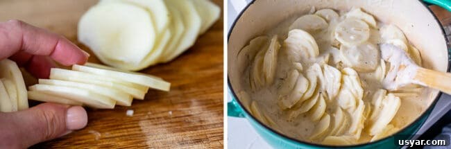 thinly sliced potatoes held in fingers, sliced potatoes in a pot of cream