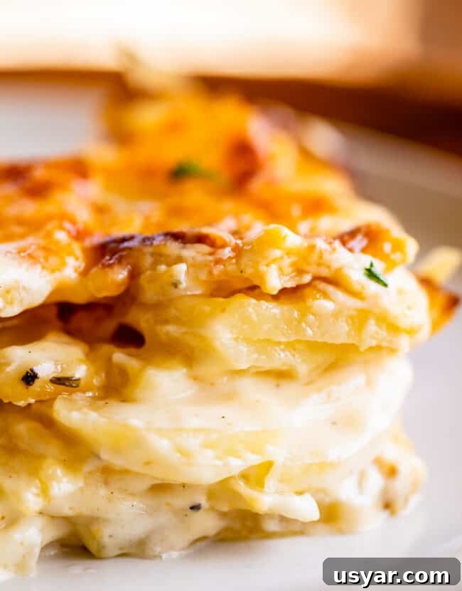 cheesy scalloped potatoes stacked on a plate