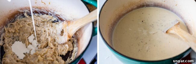 adding cream to a mixture of onions and flour, a creamy sauce