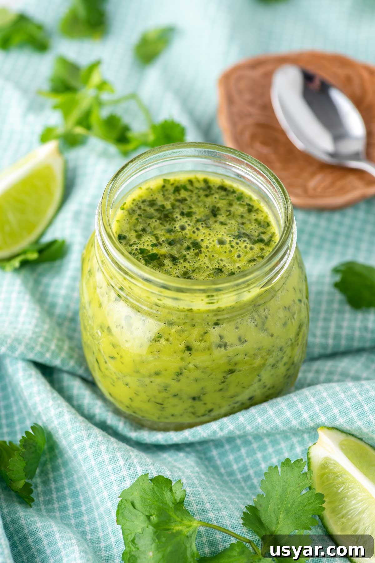 Zesty Cilantro Lime Vinaigrette Recipe 5 cilantro lime vinaigrette in glass jar