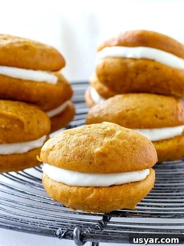 On a metal wire rack, several pumpkin whoopie pies, greyish background