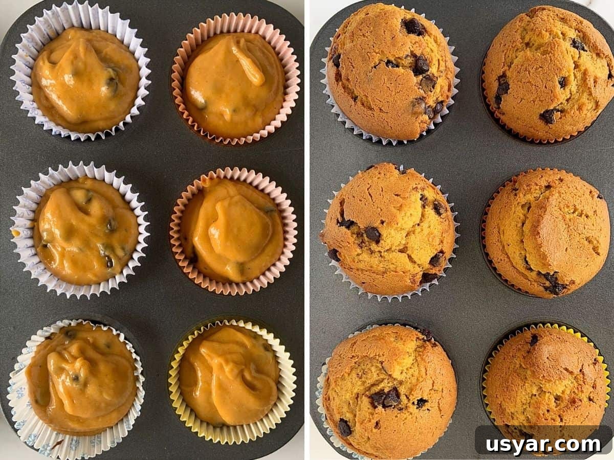 Metal muffin pans with unbaked and baked pumpkin muffins, two image collage