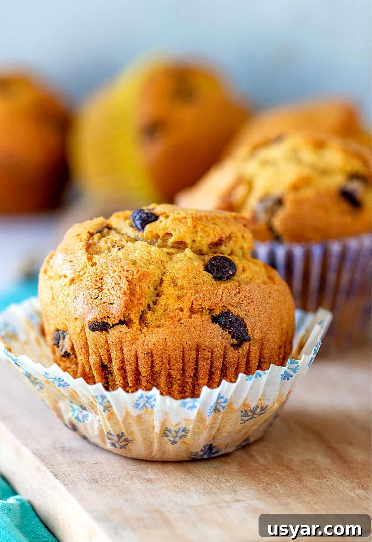 Whole pumpkin muffin in a whitish paper liner, wooden board, other muffins blurred in background.