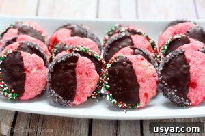 Cherry Shortbread Cookies with White Chocolate 3 White Chocolate Cherry Shortbread Cookies with maraschino cherries and chocolate dip for a festive holiday dessert.