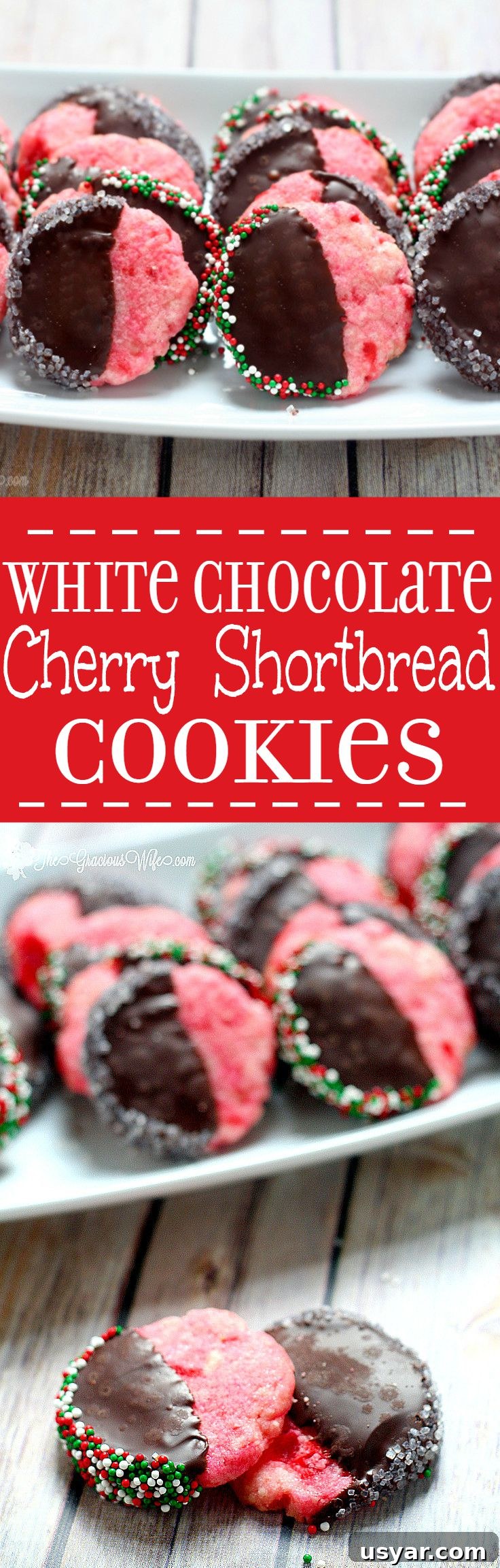 Cherry Shortbread Cookies with White Chocolate 10 White Chocolate Cherry Shortbread Cookies with white chocolate, maraschino cherries, and chocolate dip.