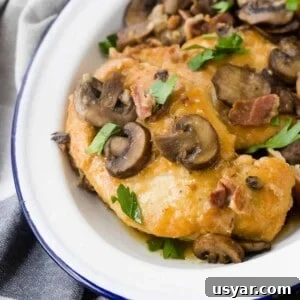 Instant Pot Chicken Marsala in 30 Minutes 10 Instant pot chicken marsala on white platter.