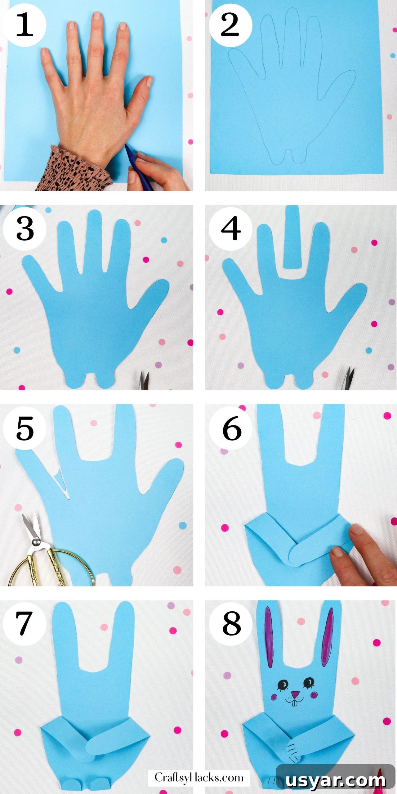Handprint Bunny Craft for Kids 5 step by step instructions for Handprint Bunnies