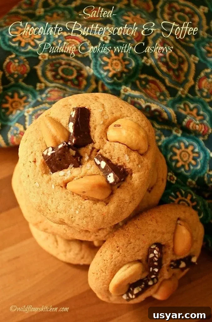 Salted Chocolate Butterscotch Toffee Pudding Cookies with Cashews 6 chocolate butterscotch toffee cookies