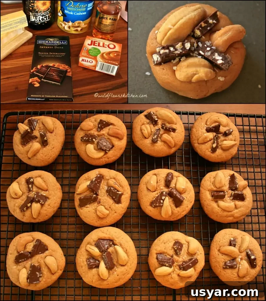 Salted Chocolate Butterscotch Toffee Pudding Cookies with Cashews 3 toffee cookie collage