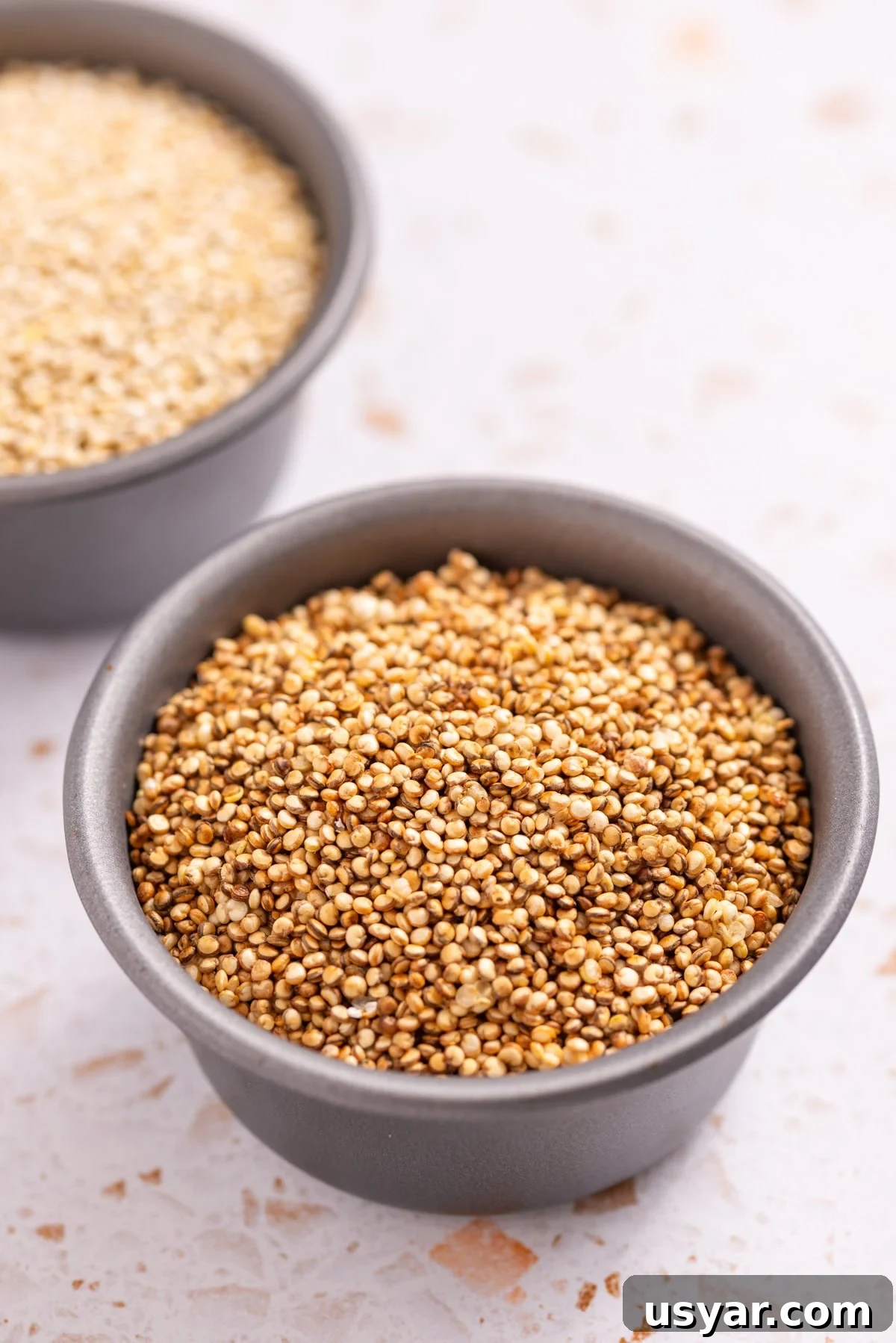 An straight view image of puffed quinoa in a container.