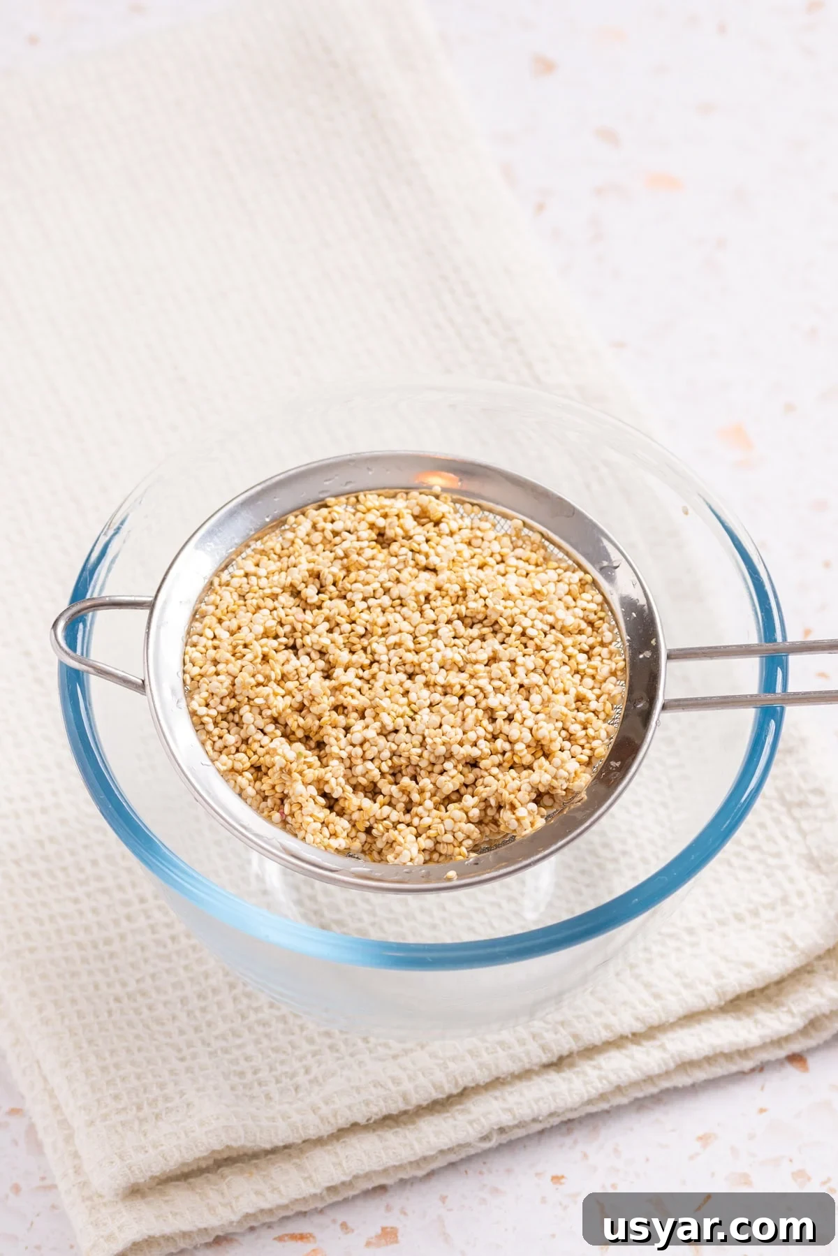 An image of uncooked quinoa in a fine mesh strainer.
