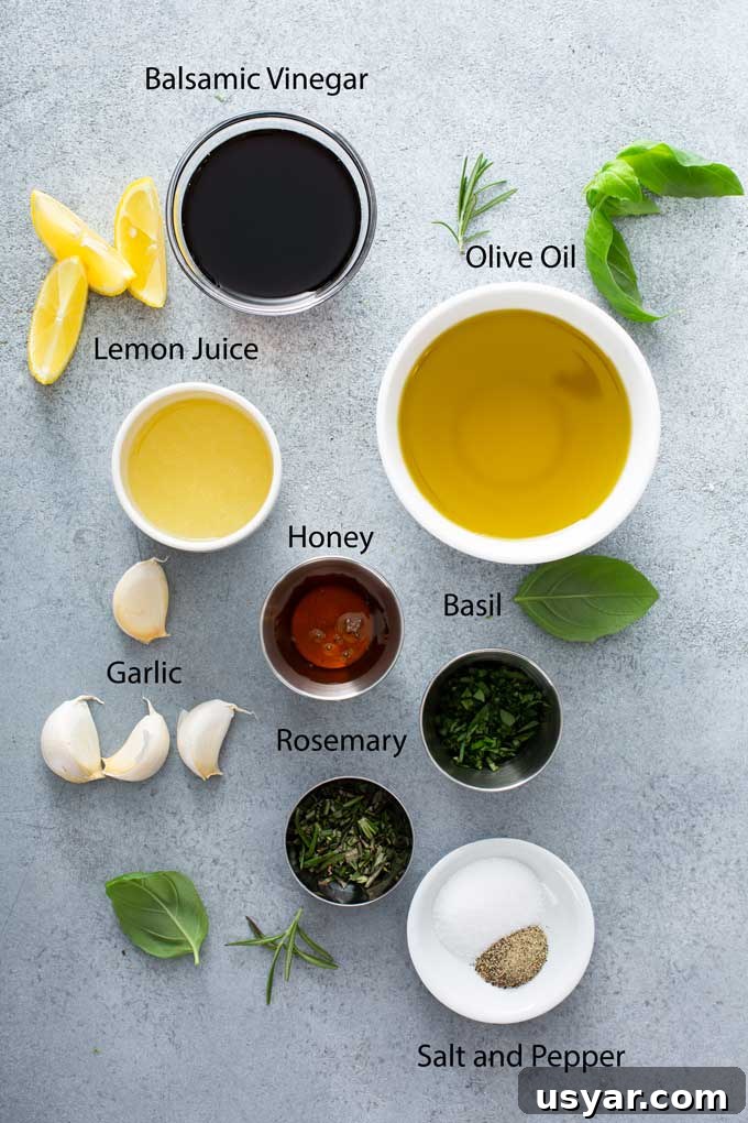 Tangy Balsamic Marinade for Chicken 6 Ingredients to make balsamic marinade for chicken breast on a gray surface