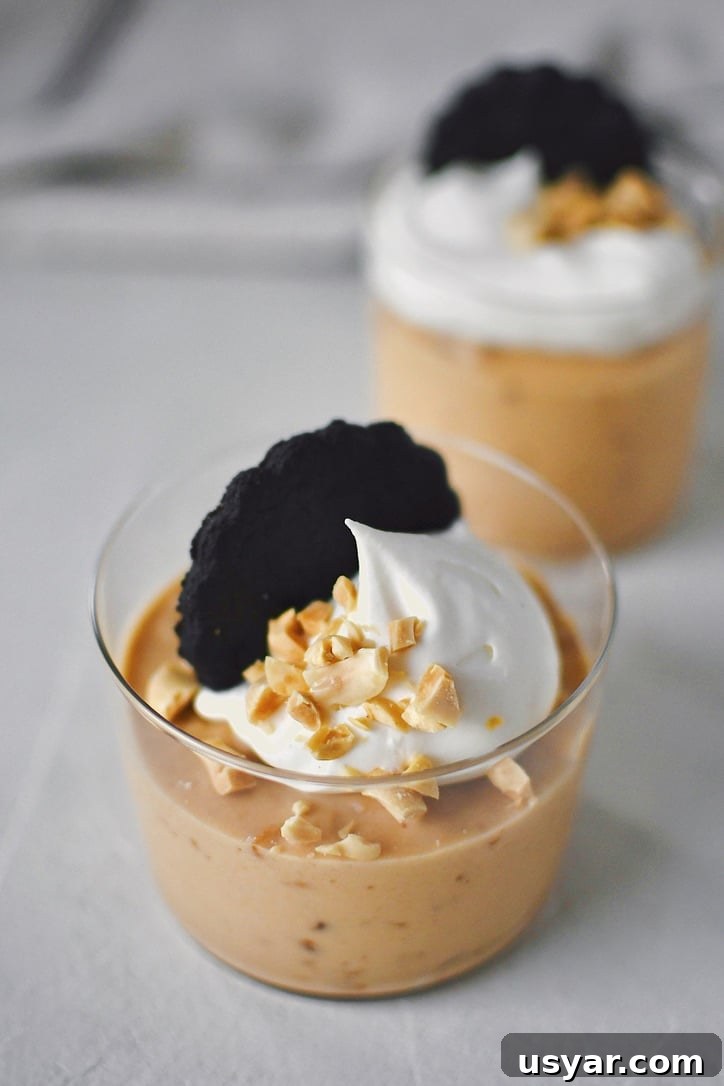 Decadent Peanut Butter Mousse Recipe 10 Peanut Butter Mousse in a small cup, topped with whipped cream, peanuts, and a chocolate wafer.