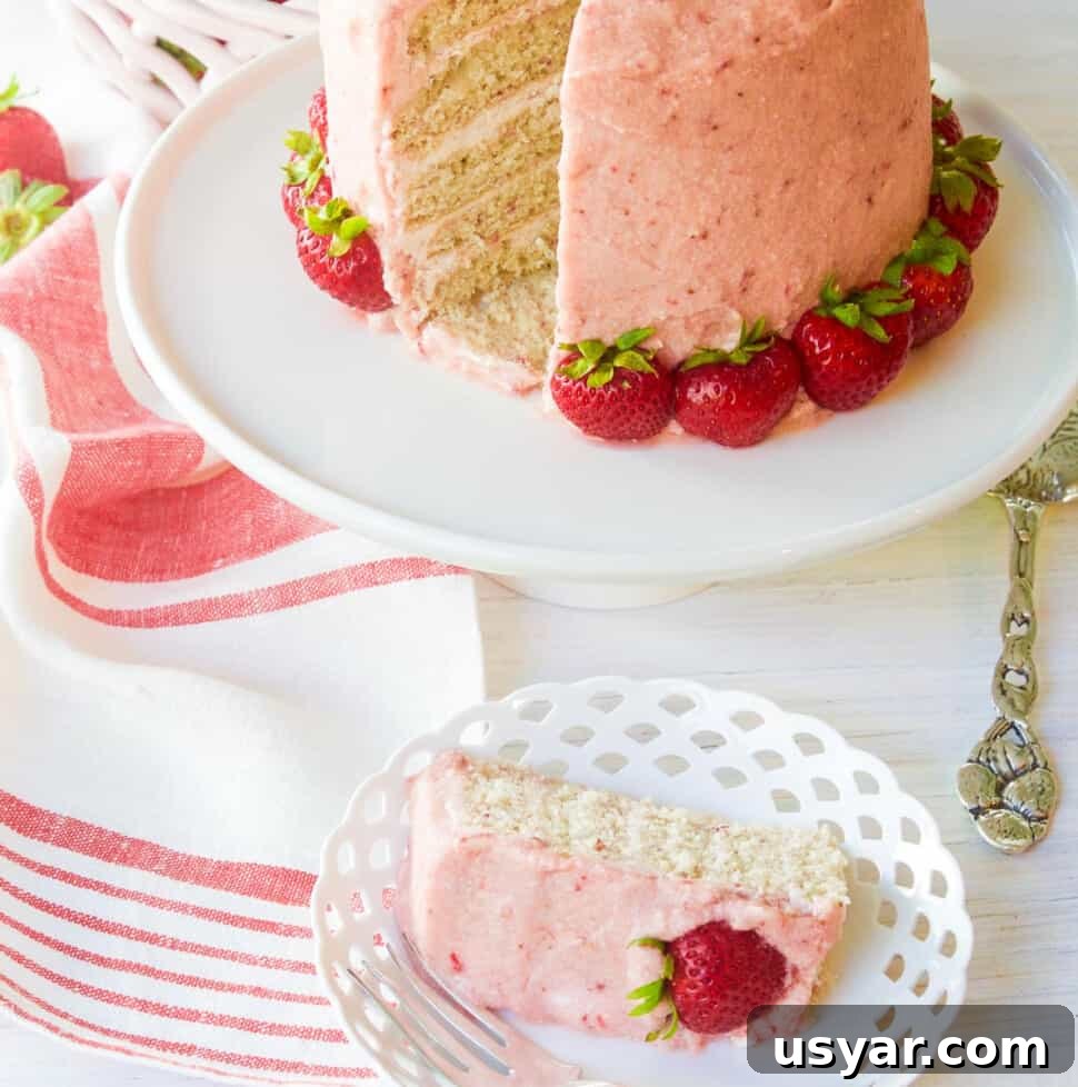 Fresh Strawberry Layer Cake Recipe 13 A freshly baked and decorated strawberry cake with real strawberries as decorations.