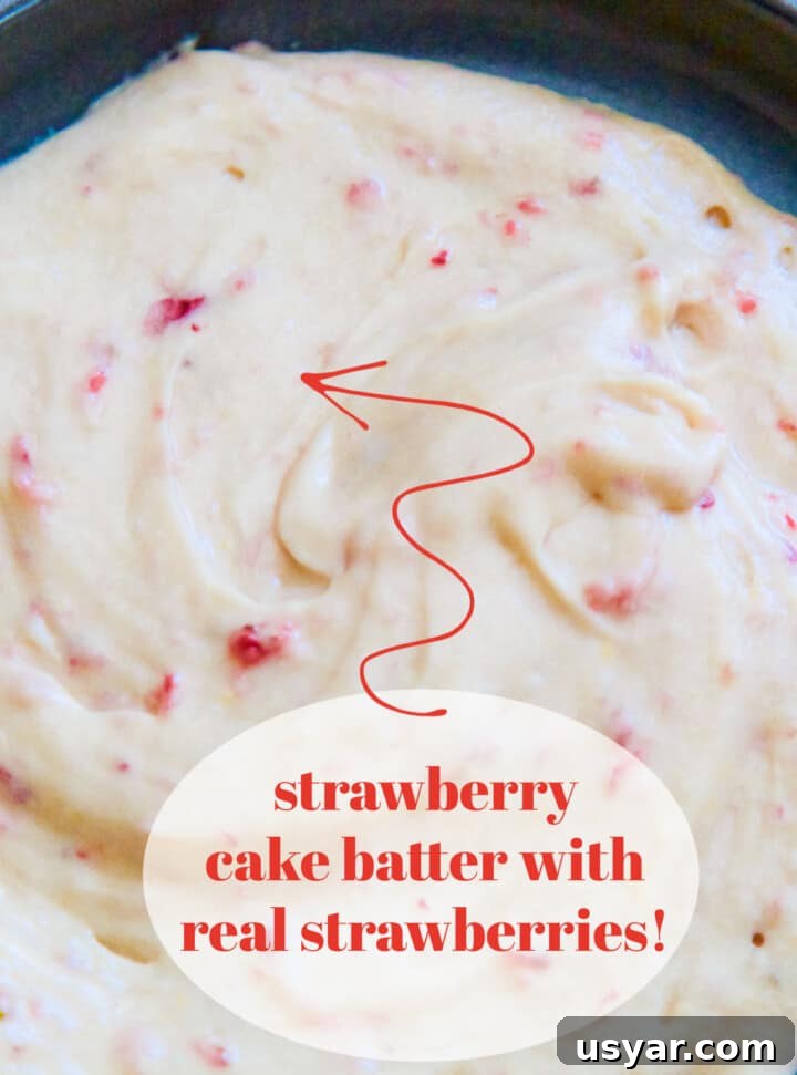 Fresh Strawberry Layer Cake Recipe 6 Strawberry Cake batter in a pan ready to bake in the oven.