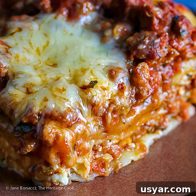 Classic Gluten-Free Meat Lasagna Recipe 7 Close up of lasagna layers; Classic Meat Lasagna © 2017 Jane Bonacci, The Heritage Cook. All rights reserved.