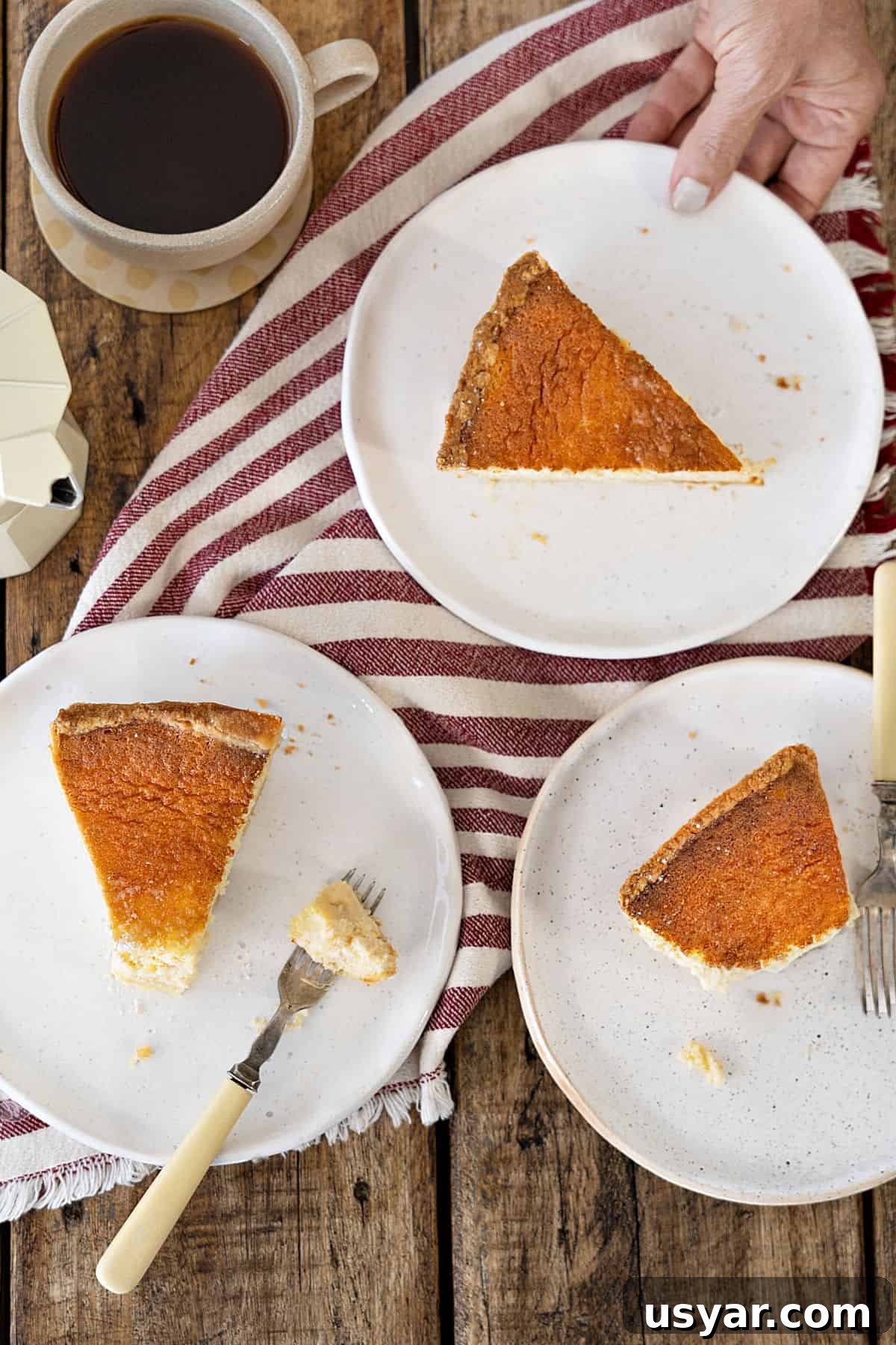 Classic Italian Ricotta Pie Recipe 11 Three white plates with ricotta pie slices. Red striped cloth. Wooden surface. Top view.