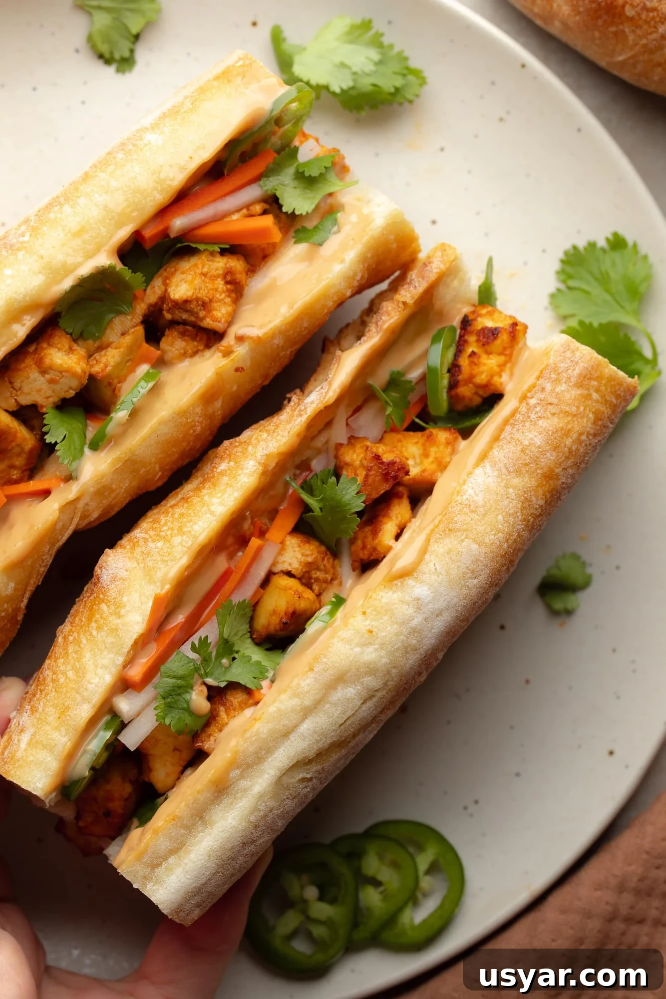 Vegan Banh Mi Sandwich with Pickled Vegetables 7 overhead view of two vegan banh mi sandwiches on a white plate.