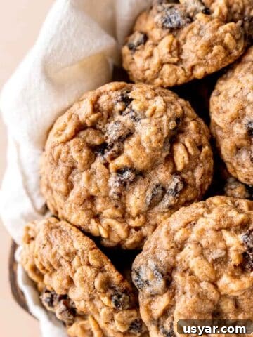 How to Make Chewy Salted Caramel Oatmeal Cookies 12 Oatmeal raisin cookies in a basket.