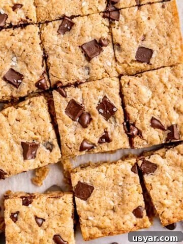How to Make Chewy Salted Caramel Oatmeal Cookies 14 Oatmeal chocolate chip bars cut into squares.