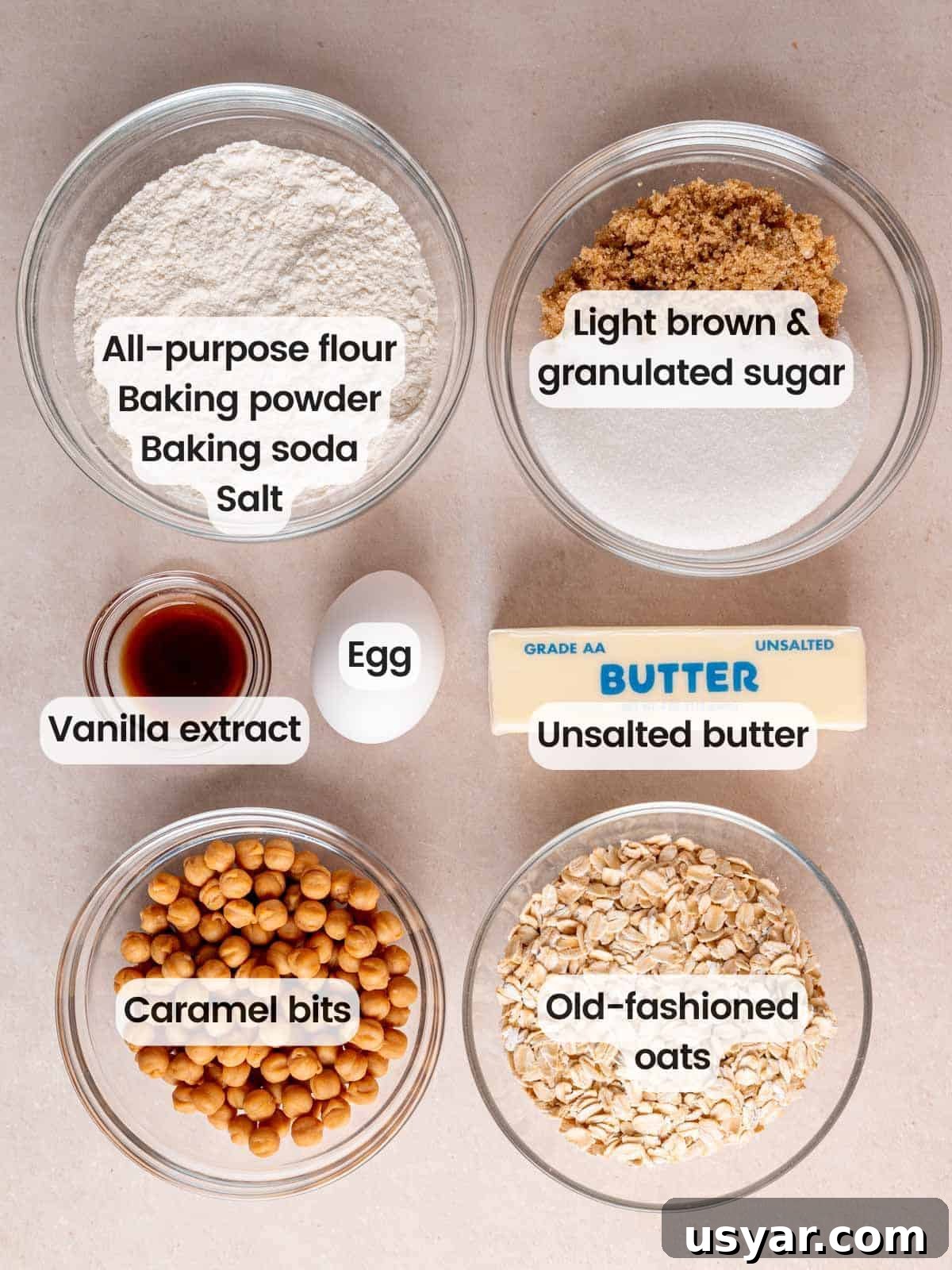 How to Make Chewy Salted Caramel Oatmeal Cookies 3 Ingredients for salted caramel oatmeal cookies.