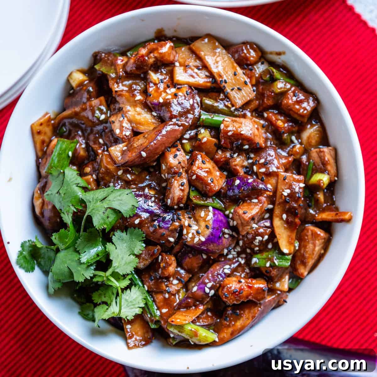 overhead: bowl with szechuan pork
