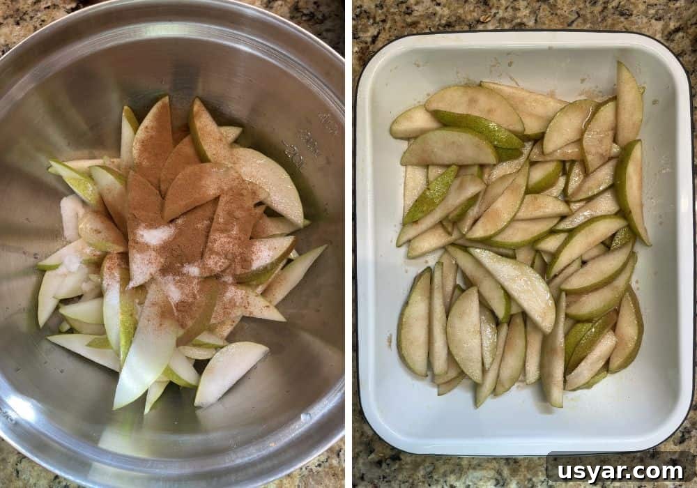 Warm Fresh Pear Crisp Recipe with Cinnamon Oat Topping 6 two photos; one shows filling ingredients in a mixing bowl; the other shows the pear crisp filling added to a baking dish.
