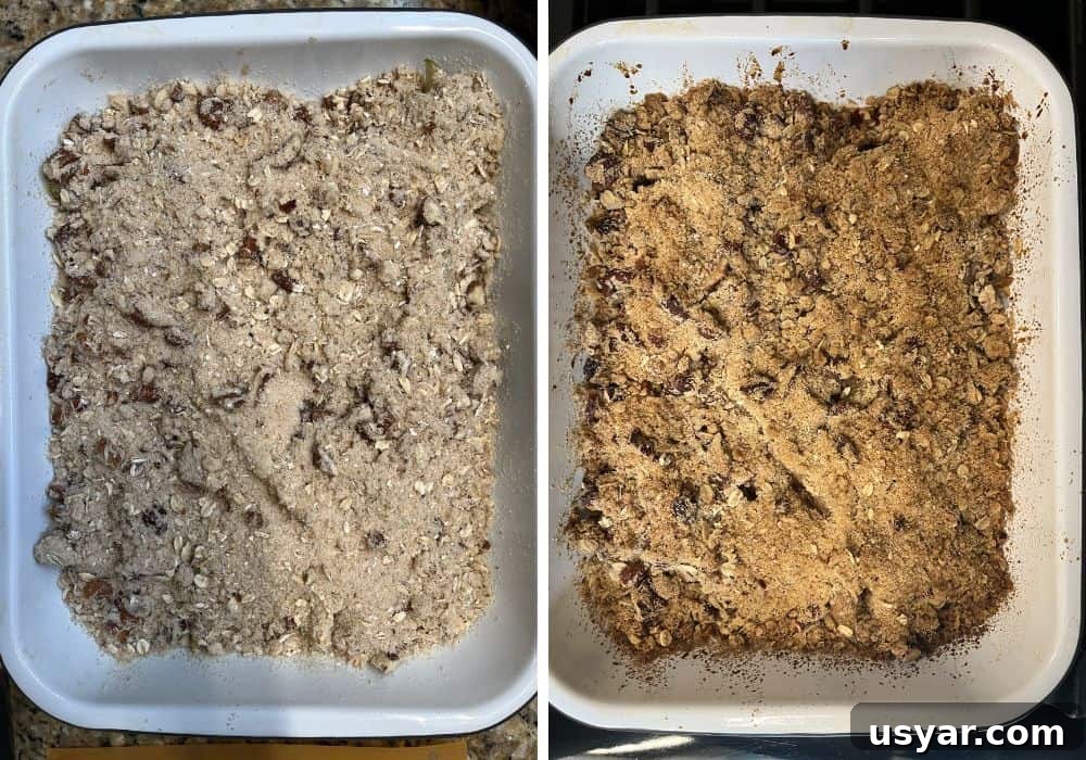 Warm Fresh Pear Crisp Recipe with Cinnamon Oat Topping 8 two photos; one shows the crumble topping sprinkled over the pear mixture in a baking dish; the other shows the pan after the pear crisp has been baked.
