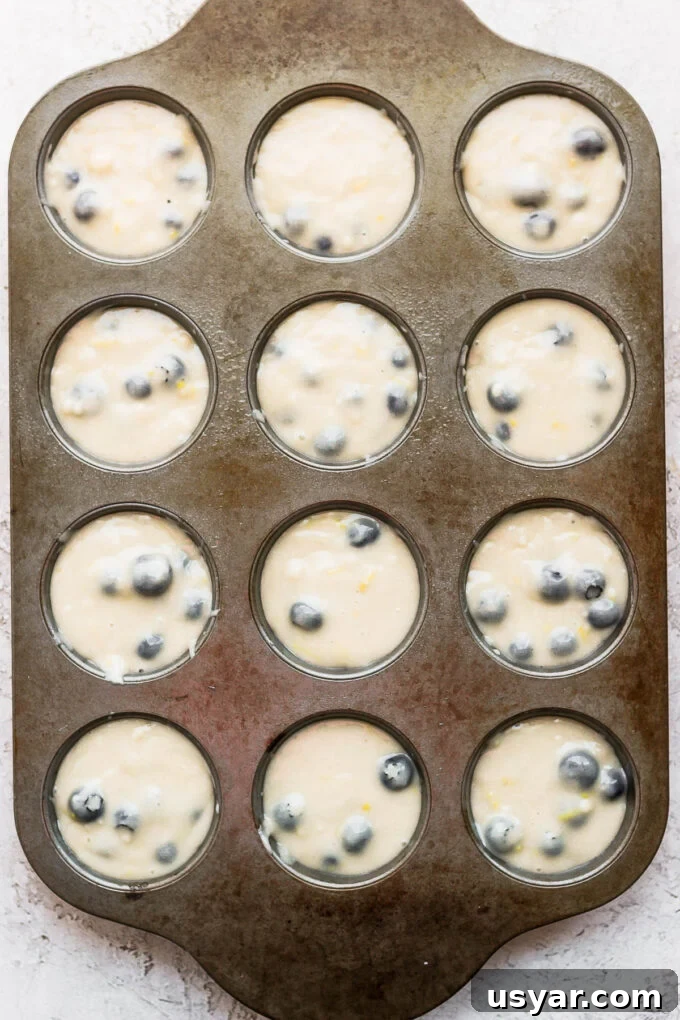 Fluffy Vegan Blueberry Muffins Recipe 6 Muffin batter in a muffin pan.