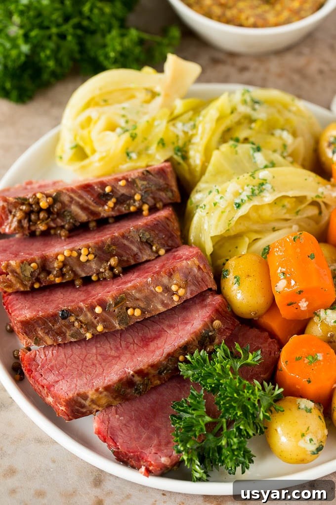 A plate of sliced Instant Pot corned beef with cabbage wedges, carrots and baby potatoes.