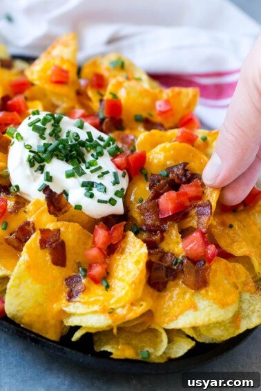 Irish nachos loaded with cheese, bacon, sour cream, tomatoes and chives.