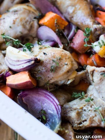 White dish containing roasted chicken with sweet potatoes, carrots, and red onions topped with fresh thyme.