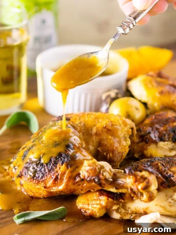 Roasted apple cider spatchcock chicken on a brown table, spoonful of savory sauce dripping onto chicken.