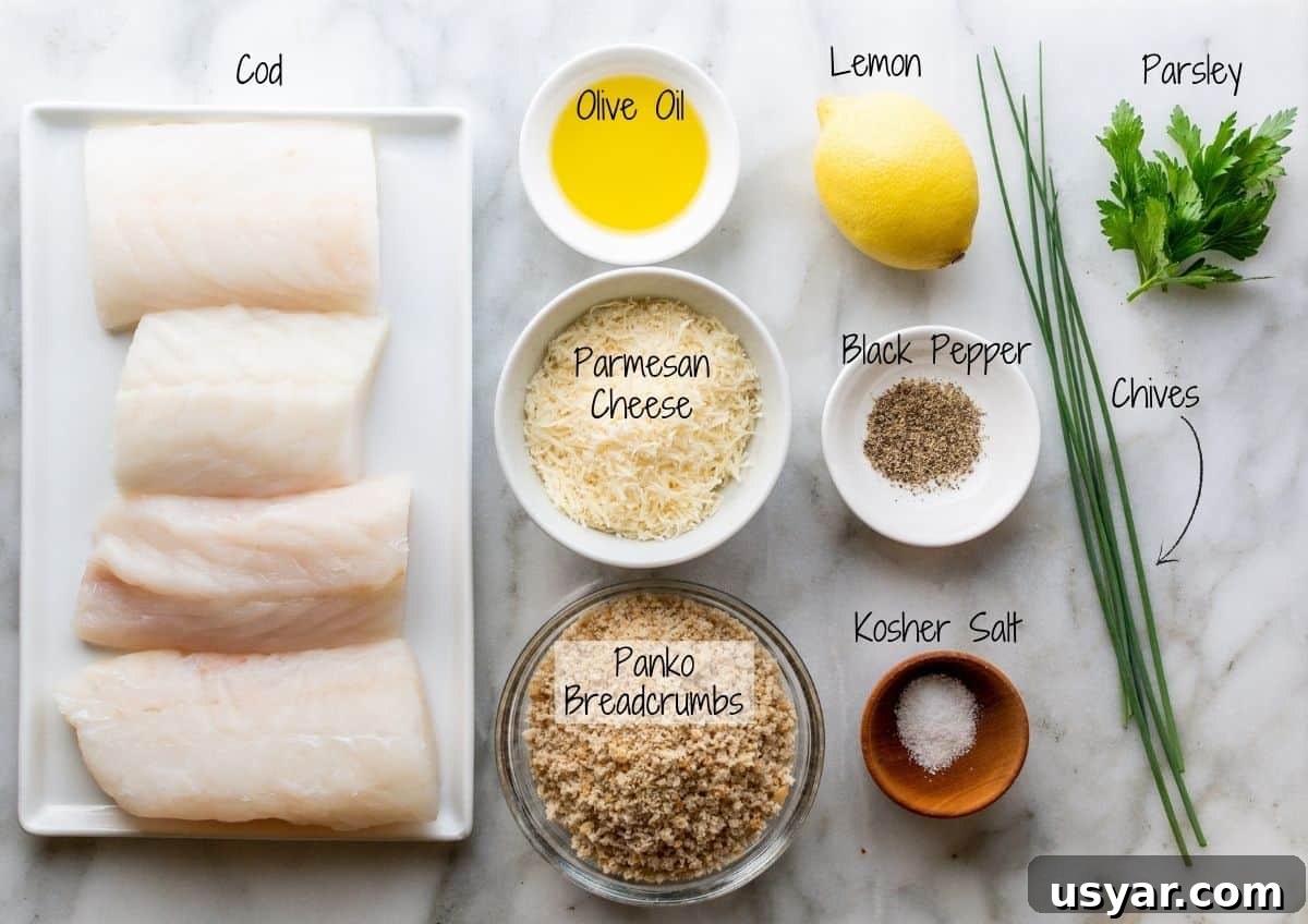 Parmesan Baked Cod with Garlic and Lemon 3 Parmesan Baked Cod Ingredients on a white marble board.