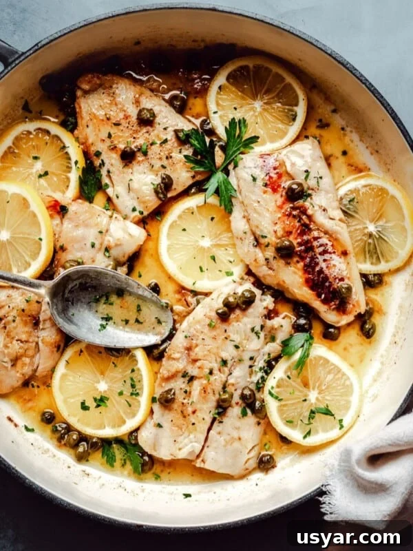 Parmesan Baked Cod with Garlic and Lemon 6 A skillet with cod piccata garnished with lemon slices, capers, and fresh parsley; a spoon rests on the side, and a white napkin is placed nearby on a dark surface.