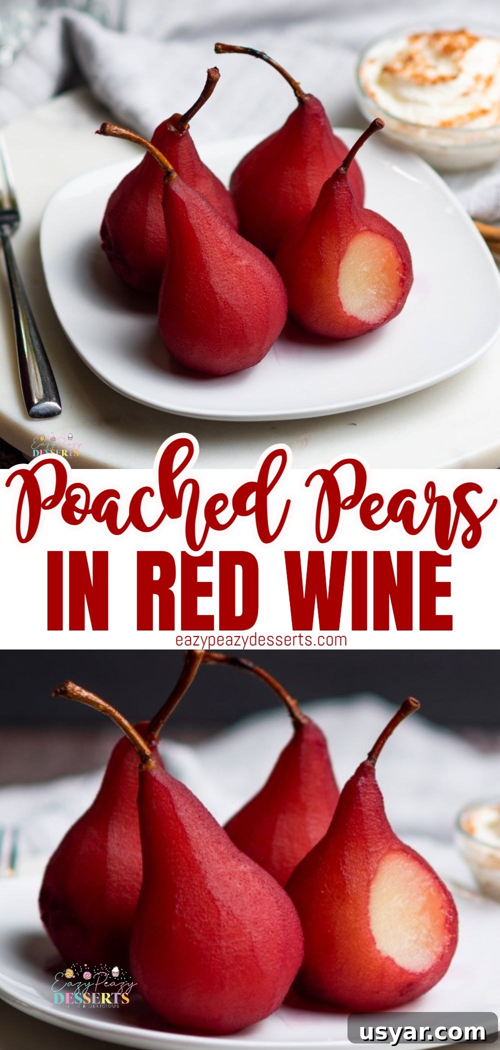 Red Wine Poached Pears Recipe with Vanilla and Cinnamon 6 Photo collage of poached pears in red wine