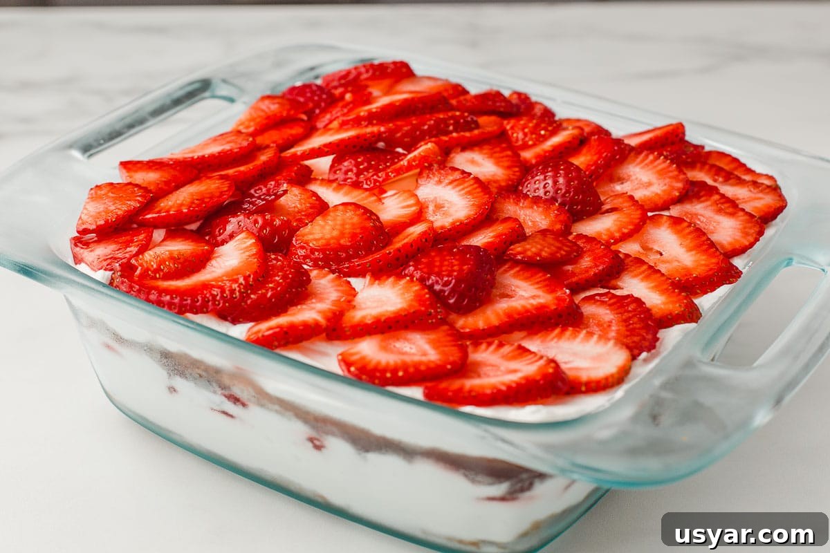 No-Bake Gluten-Free Strawberry Icebox Cake Recipe 3 A baking dish with the finished gluten free strawberry icebox cake.