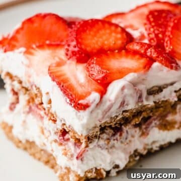 No-Bake Gluten-Free Strawberry Icebox Cake Recipe 4 A closeup photo of a slice of gluten-free strawberry icebox cake.