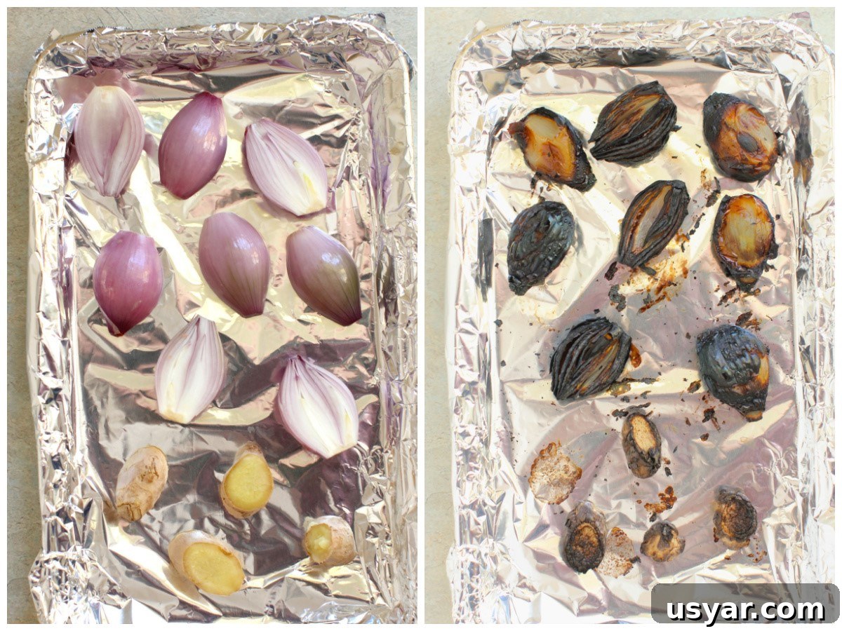 Shortcut Chicken Pho Recipe for Vietnamese Pho Ga 11 two photo collage, first one showing shallots and ginger in a foil-lined pan, second showing them blackened and charred from the broiler.
