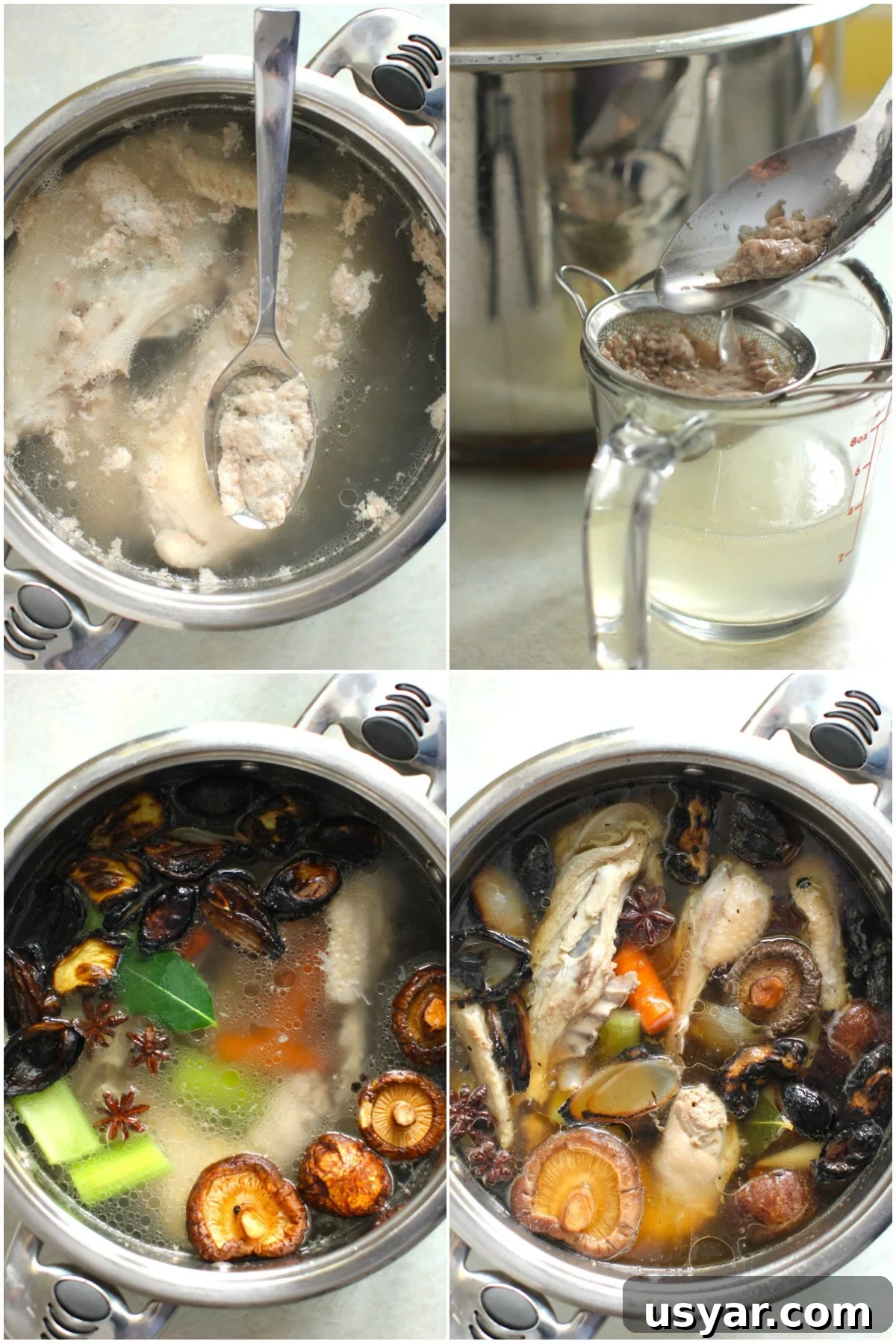 Shortcut Chicken Pho Recipe for Vietnamese Pho Ga 12 4 photos showing how to make a pho broth. chicken in water and skimming off the broth, straining the foam, adding the other ingredients, the cooked broth.