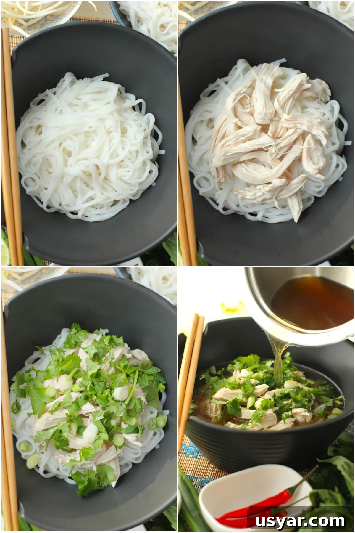 Shortcut Chicken Pho Recipe for Vietnamese Pho Ga 15 4 photos showing how to layer the soup in bowls; first noodles, then chicken, then herbs, then broth.