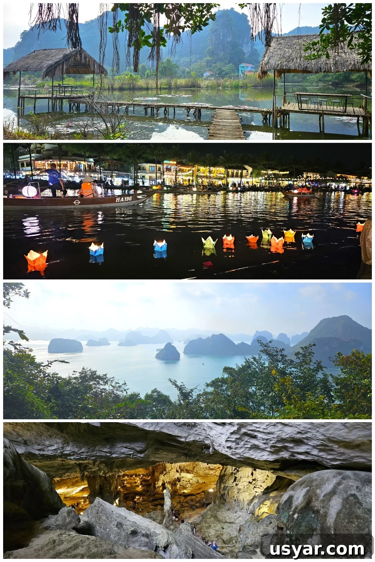 Shortcut Chicken Pho Recipe for Vietnamese Pho Ga 3 4 photo collage, top down: pond behind our hotel in Ninh Binh, paper lanterns in the water in Hoi An, view of Ha Long Bay from hilltop, inside the massive Surprise Cave.