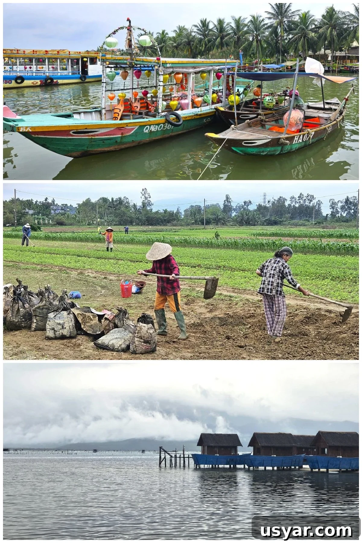 Shortcut Chicken Pho Recipe for Vietnamese Pho Ga 5 3 photo collage, top: lantern boats in Hoi An. middle: working in the fields. bottom: oyster huts in Central Vietnam.