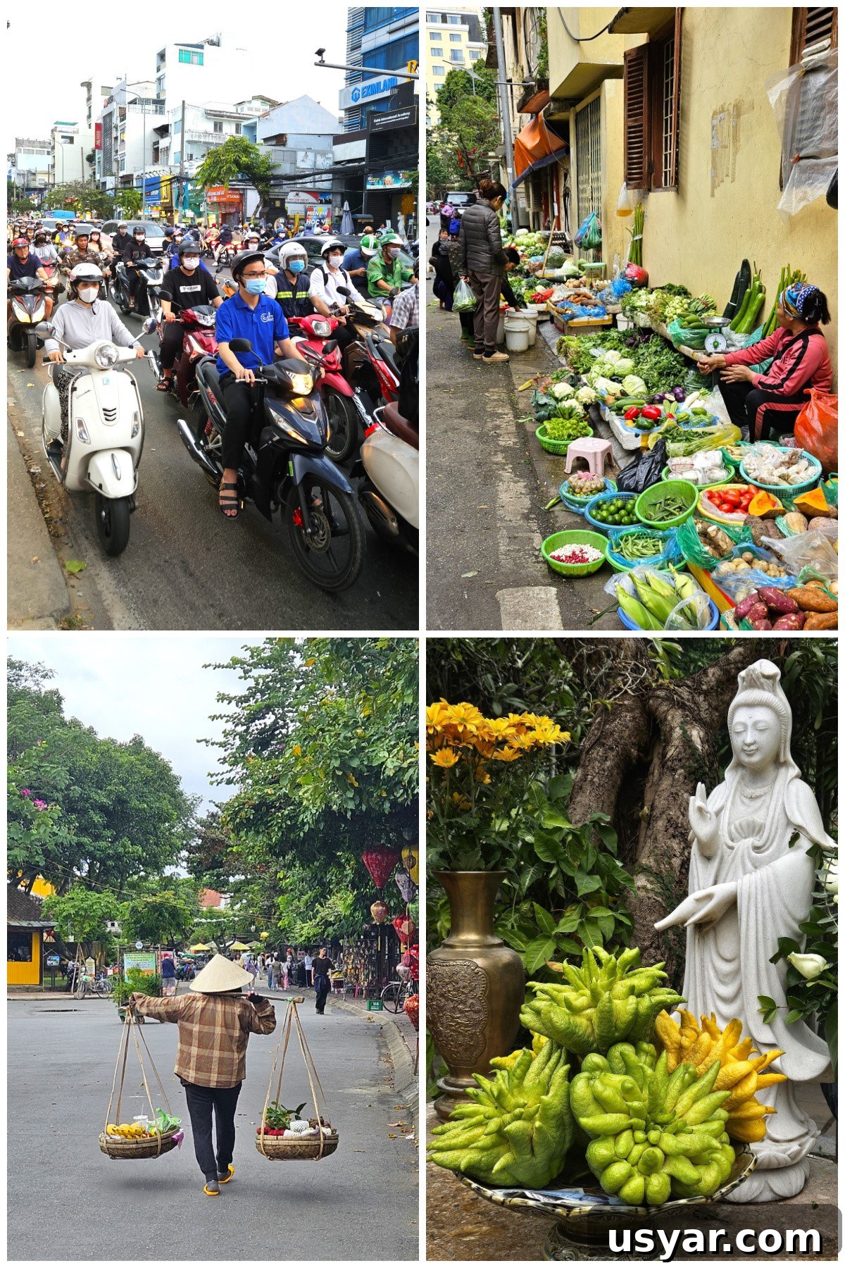 Shortcut Chicken Pho Recipe for Vietnamese Pho Ga 6 4 picture collage clockwise from top left: millions of motorbikes in Saigon, alley market in Hanoi, fruit seller in Hoi An, buddha's fingers offerings in temple in Hanoi.