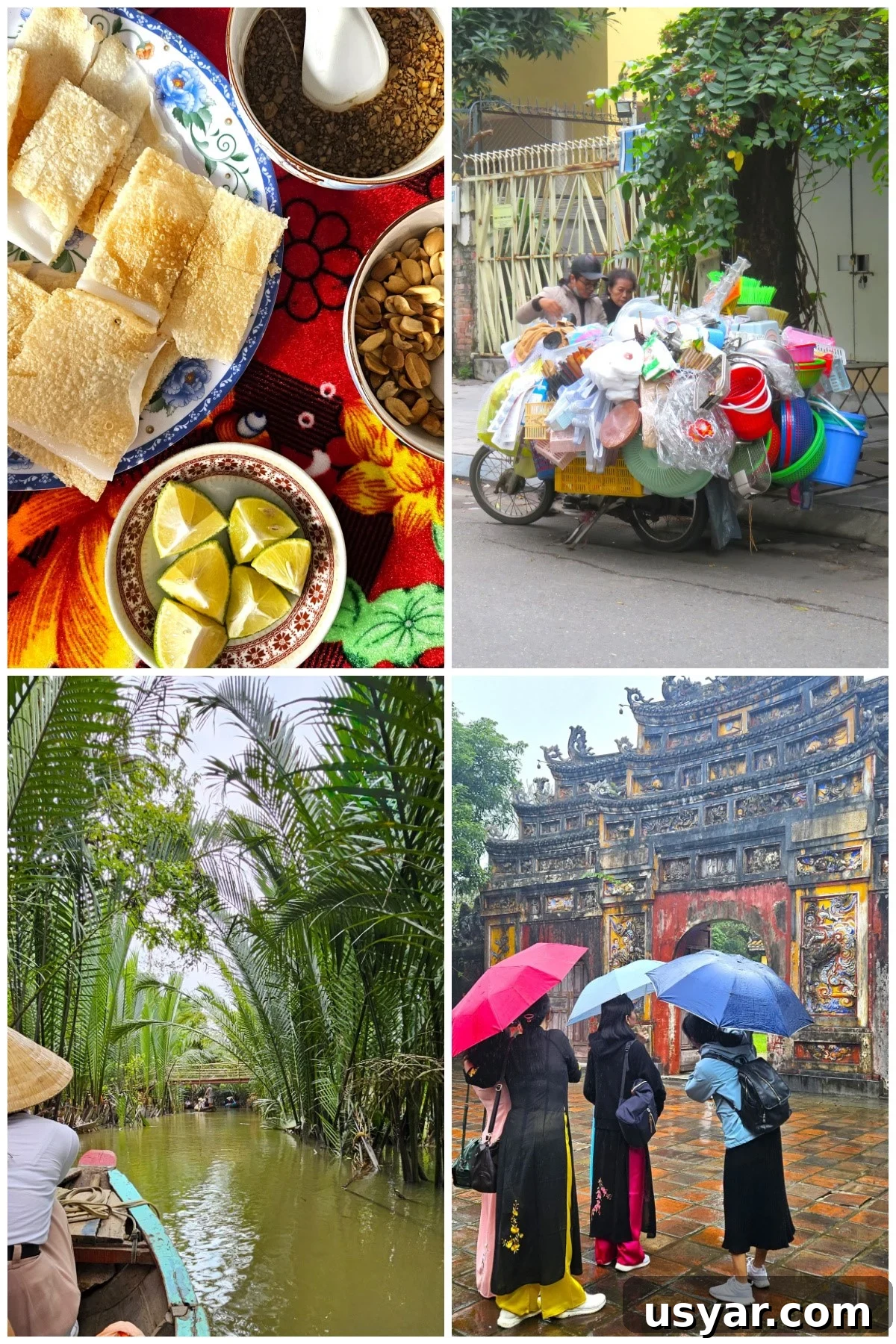 Shortcut Chicken Pho Recipe for Vietnamese Pho Ga 8 4 photo collage clockwise from top left: rice cakes meal at the noodle factory, loaded motorbike, umbrellas at the temple, sampan in the Mekong delta